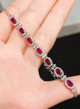 天然无烧鸽血红宝石手链证书缅甸红宝石3*5mm 晶体干净女士链条