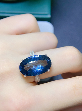 纯天然伦敦蓝蓝托帕石戒指颜色超深的伦敦蓝12*19mm925银精工镶嵌