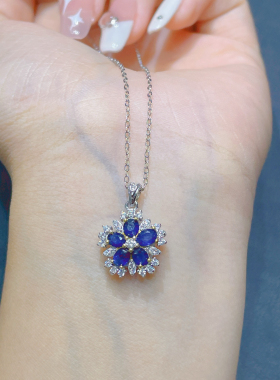 s925银镀金镶嵌天然蓝宝石吊坠项链锁骨链时尚百搭送女友礼物