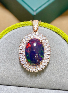 满火彩纯天然超美刻面黑欧泊吊坠 主石10*14mm 大颗粒天然黑欧泊