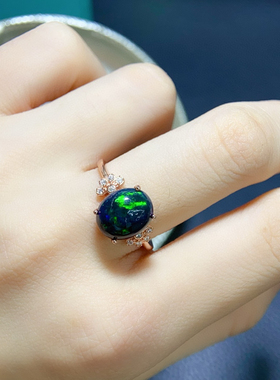 银饰戒指天然黑欧泊椭圆9*11mm横镶简约精致轻奢活口新款百搭秀气