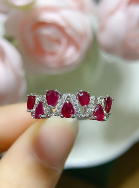 520礼物专场天然红宝石戒指18K白金色显气质女天然红宝石镶钻搭配