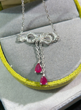 韩版饰品ins女链项链抖音网红爆款S925蝴蝶结项链礼物天然红宝石