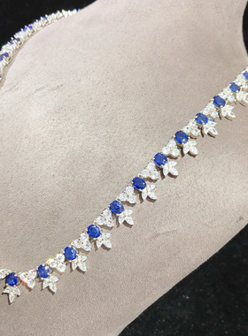 银镀18k金天然蓝宝石项链女款镶嵌豪华群镶时尚百搭气质高级感