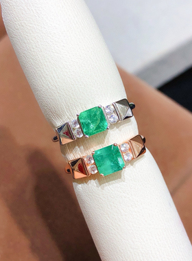 S925银镶天然祖母绿情侣戒指时尚精致男戒女戒活口 轻奢气质礼物