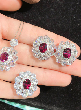 紫牙乌石榴石套装戒指吊坠耳钉精工镶嵌复古风宫廷拍摄道具首饰品