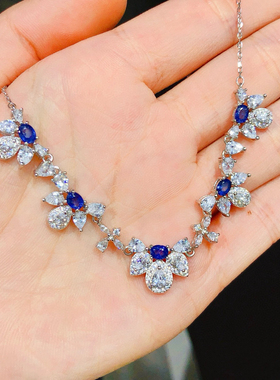 泰国一手货源s925纯银项链女款镶嵌天然蓝宝石项链银镀18k金