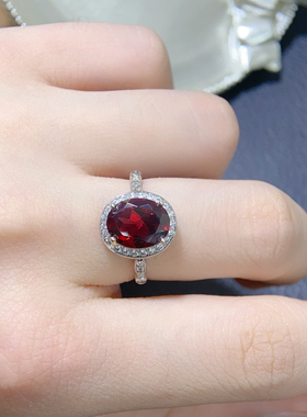 龙年五月新 8*10MM石榴石戒指18K金镶嵌钻石显气质 天然石榴石