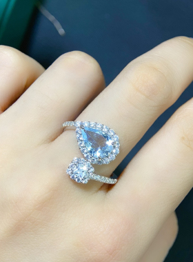 天然海蓝宝戒指主石7*10mms925银镶嵌  保色不掉色