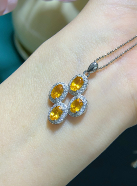 s925银镀金镶嵌天然芬达石榴石吊坠项链锁骨链时尚百搭送女友礼物