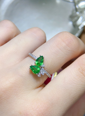 天然沙弗来戒指绿色宝石指环活口925白金玫瑰金黄金色清新