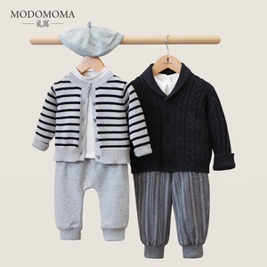 modomoma男童女童衣服秋冬男女宝宝保暖针织棉线马甲洋气小童套装
