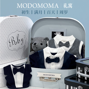 modomoma新生儿用品婴儿礼盒男宝秋装英伦绅士背带满月百天周岁礼
