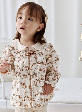 modomoma【梨花落霞】女童长袖T恤春装儿童娃娃领上衣宝宝打底衫