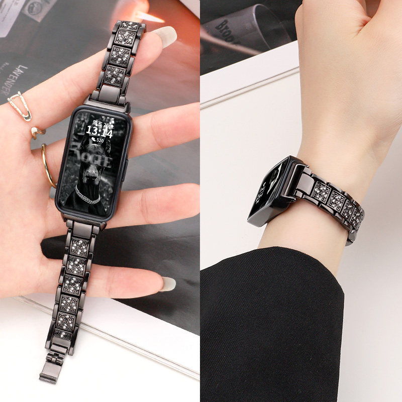 适用于华为手环11表带新款11pro仿钻三珠10/9/8高级感金属腕带满天星时尚女生春夏季运动替换手链智能NFC配件