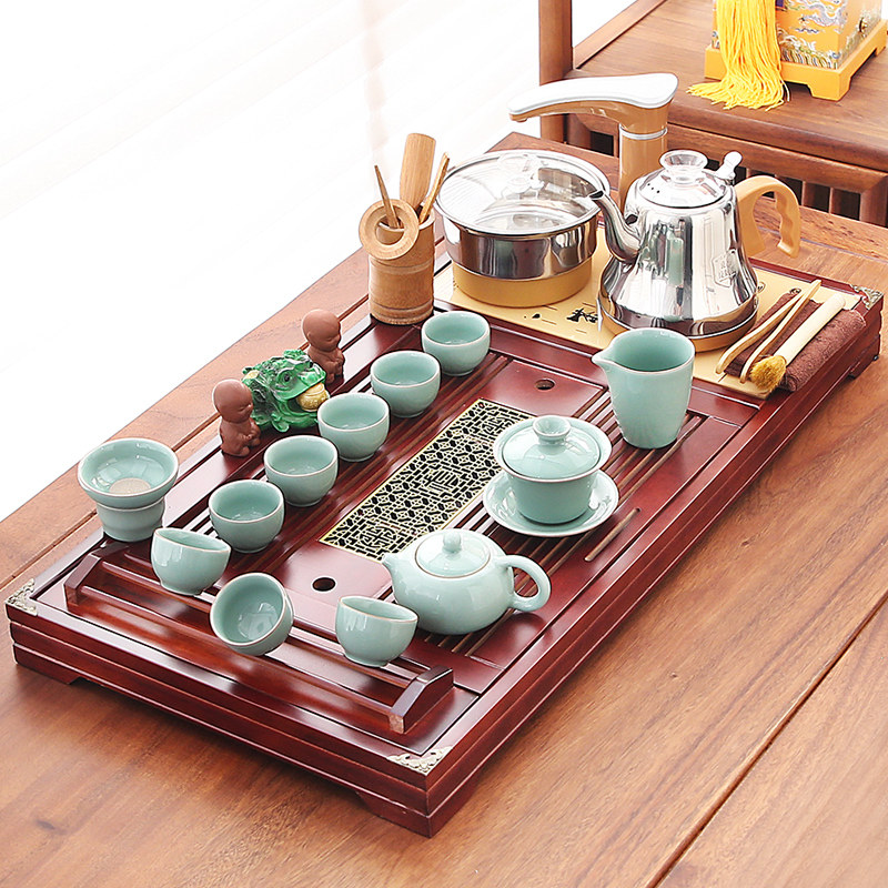 中迪功夫茶道茶盘实木茶海哥窑陶瓷紫砂整套茶具小套装四合一家用