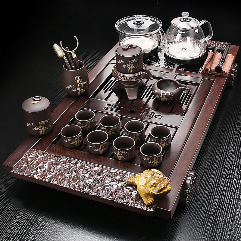 黑檀木茶盘家用办公茶具套组全自动底部上水实木茶台一体排水茶海