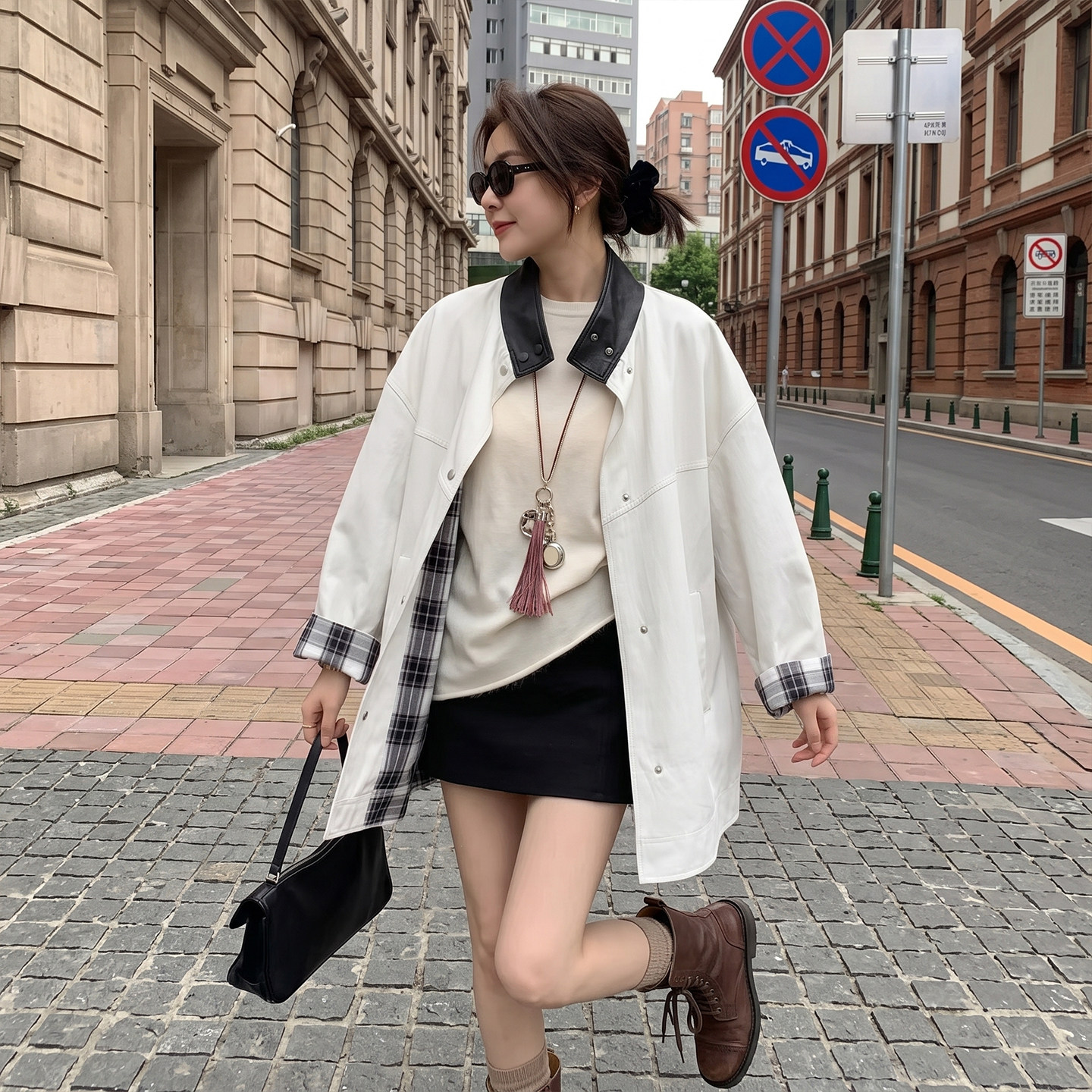 MZUC韩系撞色翻领风衣女中长款白色拼皮立领宽松百搭气质外套女