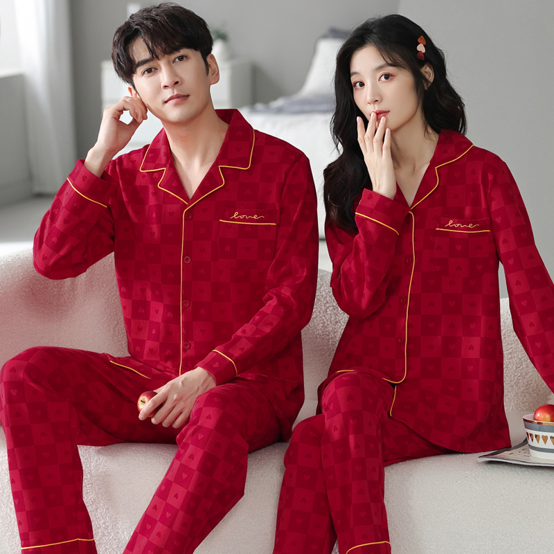 新款情侣睡衣秋冬季纯棉本命年喜庆结婚大码红色开衫家居服