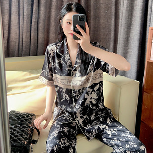 春夏新款 字母轻奢黑金家居服可外穿 冰丝睡裙三件套睡衣女热销款