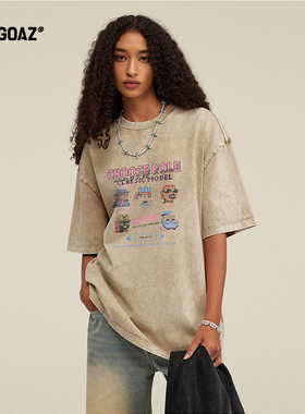 「CARGOAZ」2025SS 美式复古洗水做旧趣味卡通印花圆领短袖T恤