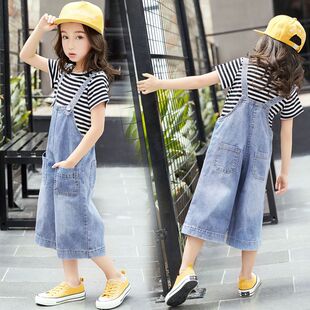 女童夏季套装2022新款韩版中大童牛仔背带裤儿童阔腿裤短袖两件套