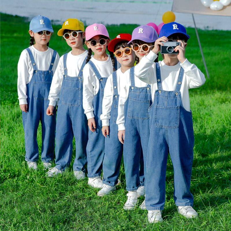 儿童啦啦队演出服幼儿园糖果色班服小学生运动会合唱表演服背带裤