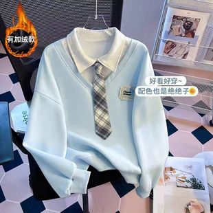 女童秋季新款卫衣2026中大童POLO拼接时尚短款学院风套头加绒卫衣