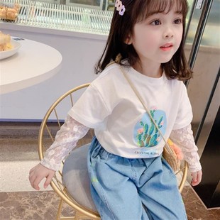 女童t恤防蚊假两件长袖春夏款中小童儿童上衣韩版洋气蕾丝打底衫