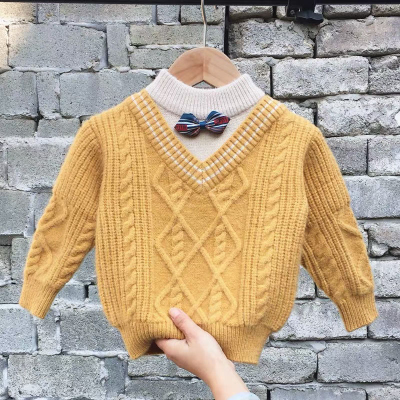 男童毛衣秋冬装2025新款韩版男孩洋气儿童套头假两件圆领打底衫潮