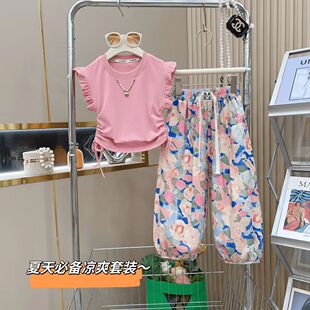 女童夏季套装洋气时髦两件套木耳边T恤油画碎花裤子薄款韩版夏装