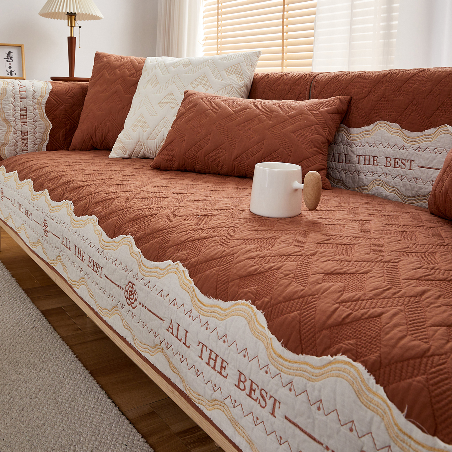 水洗棉贴布绣工艺四季通用沙发垫