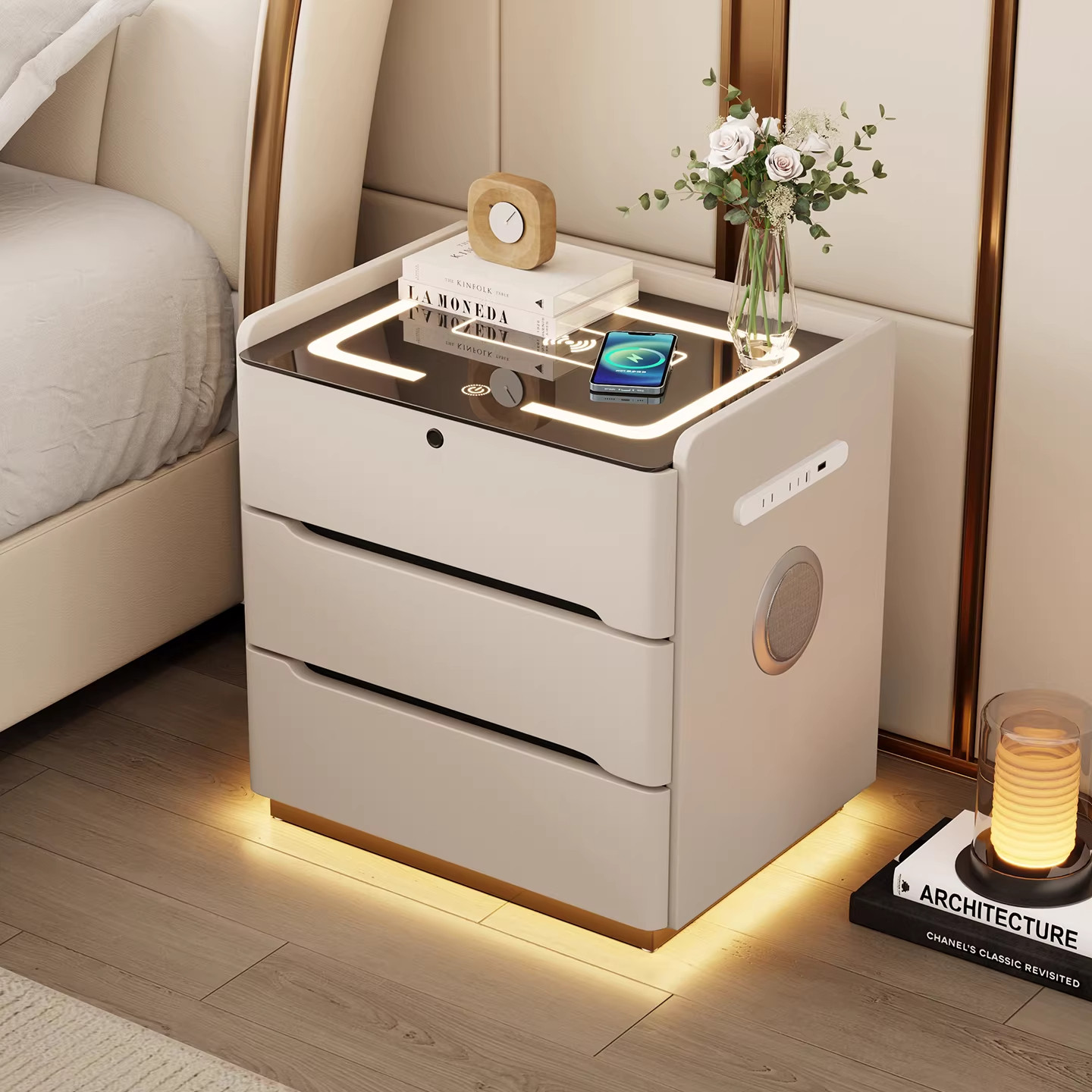 简约现代实木智能床头柜卧室多功能带灯指纹锁无线充家用蓝牙音响