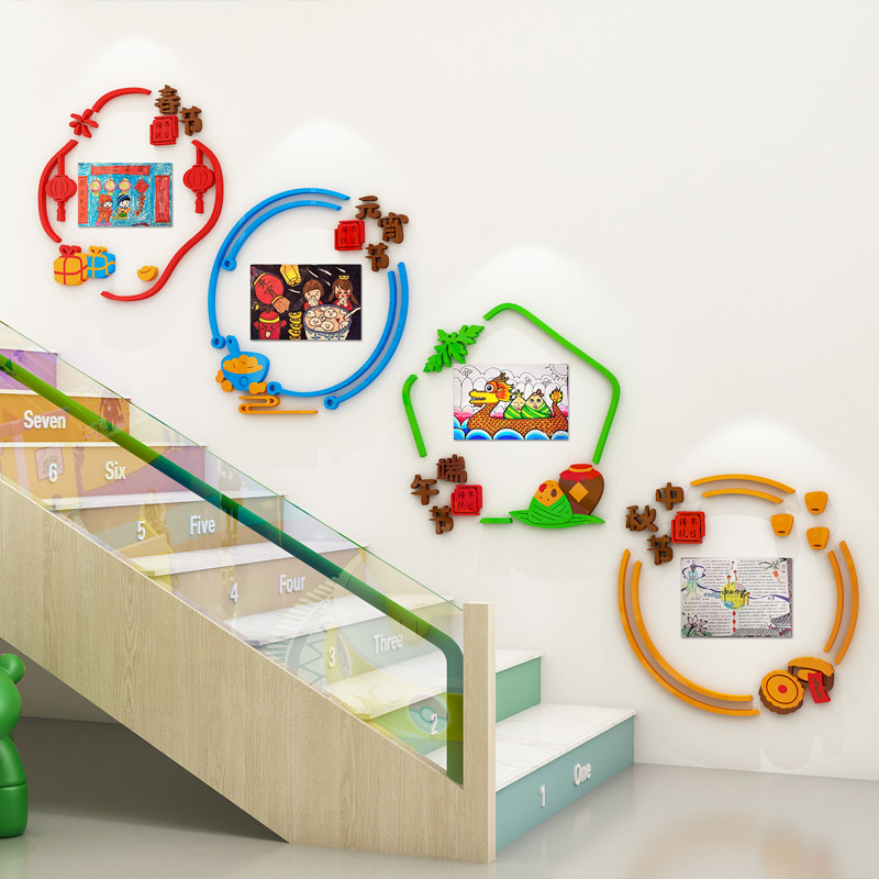幼儿园主题墙环创楼梯走廊传统节日墙贴家园联系栏边框作品展示栏