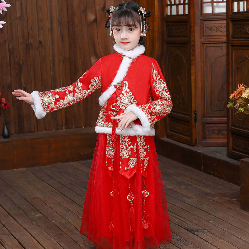 2020新款汉服女童连衣裙冬加绒洋气秋冬中国风儿童裙子加厚公主裙