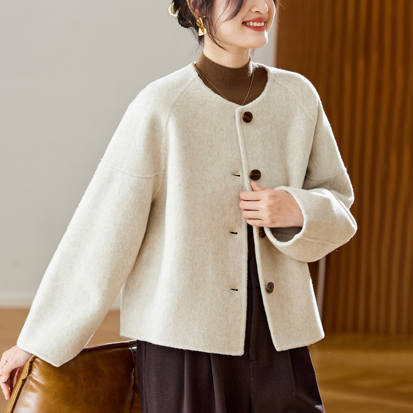 初影 小香风毛呢外套女短款圆领单排扣气质高级感小个子秋冬上衣