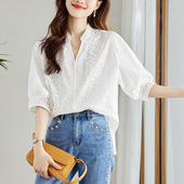 女五分袖 夏季 新款 重工立体刺绣花白衬衫 漂亮小衫 上衣纯棉衬衣