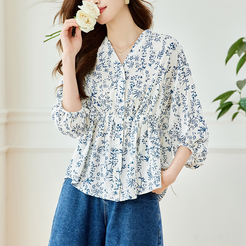 宽松日常七分袖纯棉印花衬衫