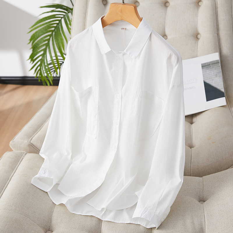 初影 精梳棉衬衫女长袖2026春装新款简约通勤上衣宽松纯棉白衬衣