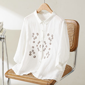 苎麻白衬衫 女七分袖 2026春薄款 初影 透气上衣新中式 国风绣花衬衣