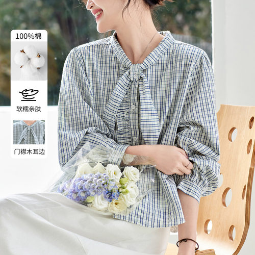 蓝格子蝴蝶结飘带长袖衬衫女