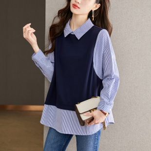 新款 2025秋装 设计感针织上衣外穿衬衣 女长袖 初影假两件套条纹衬衫