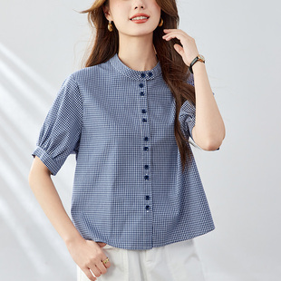 初影 蓝格子衬衫女短袖2026夏季设计感圆领上衣韩版休闲纯棉衬衣