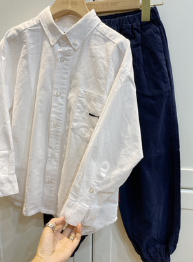 日系潮牌帅气有型 春秋男童男宝宝刺绣鲸鱼白色翻领衬衫长袖上衣