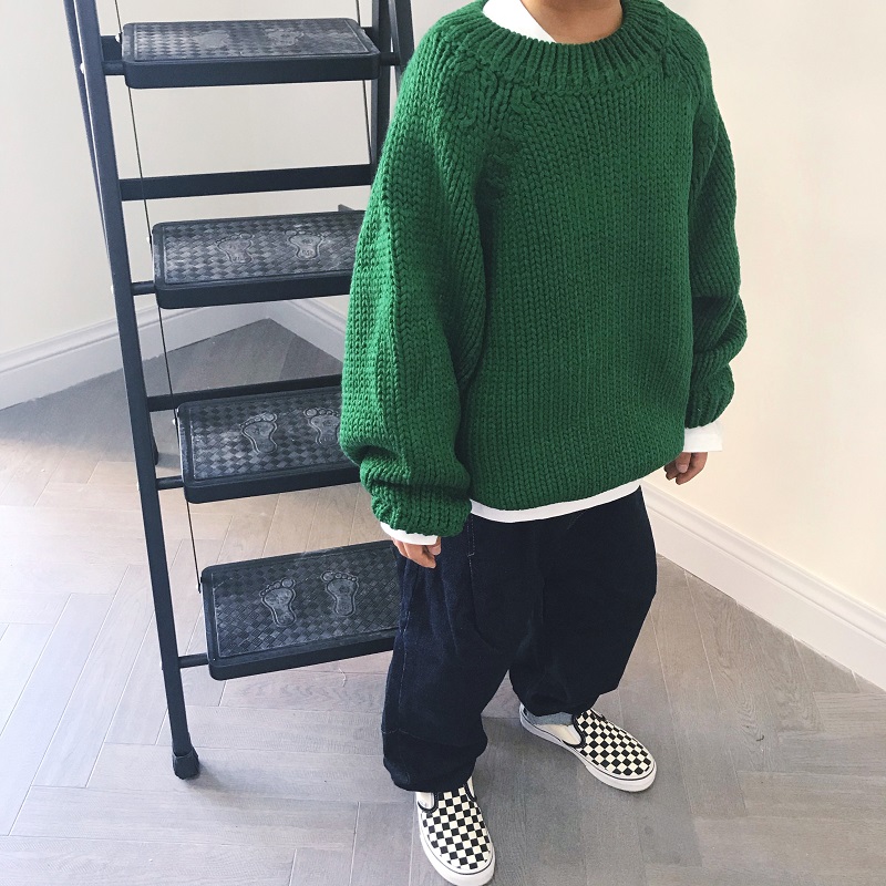 男女童加厚毛衣25新款秋冬儿童套头洋气针织衫日韩基础款绿色线衣