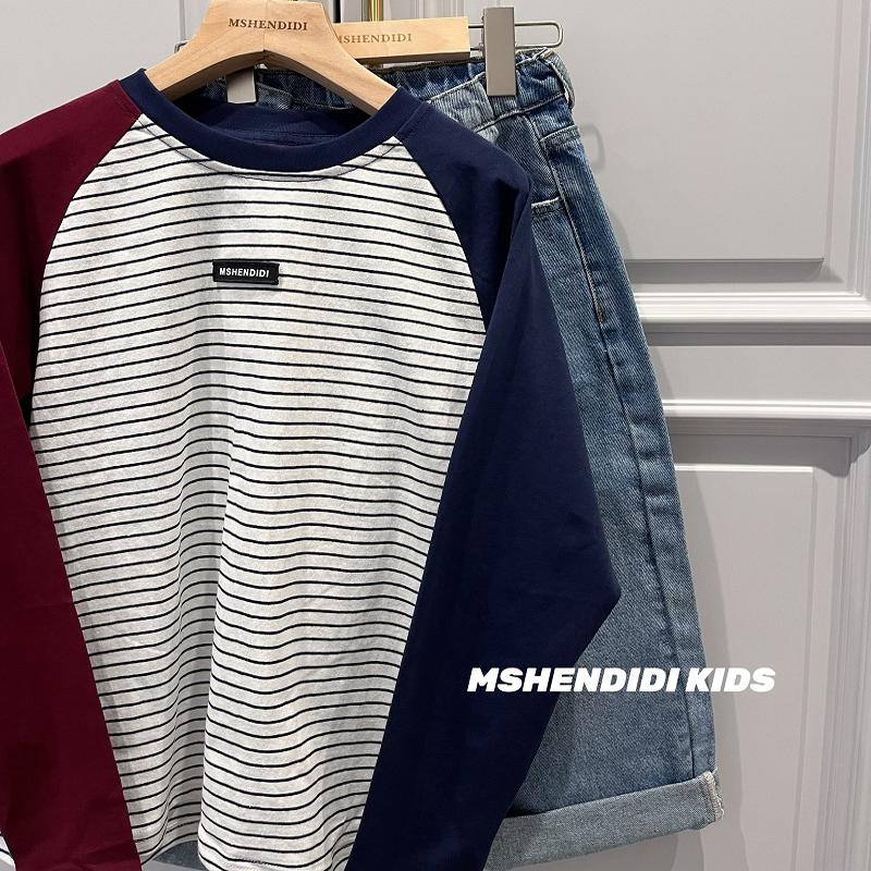 好搭配的拼色2025春秋中大童磨毛弹力撞色条纹打底衫儿童长袖T恤