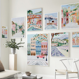 小清新建筑风格旅行城市装饰画画芯可爱奶油风格挂画内芯餐厅卧室