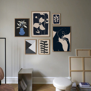 北欧简约现代艺术装 饰几何深色挂画画芯餐厅客厅卧室民宿房间布置
