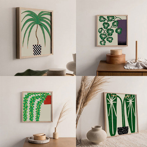 现代简约风格绿色植物盆景热带植物正方形装饰画画芯餐厅挂画内芯