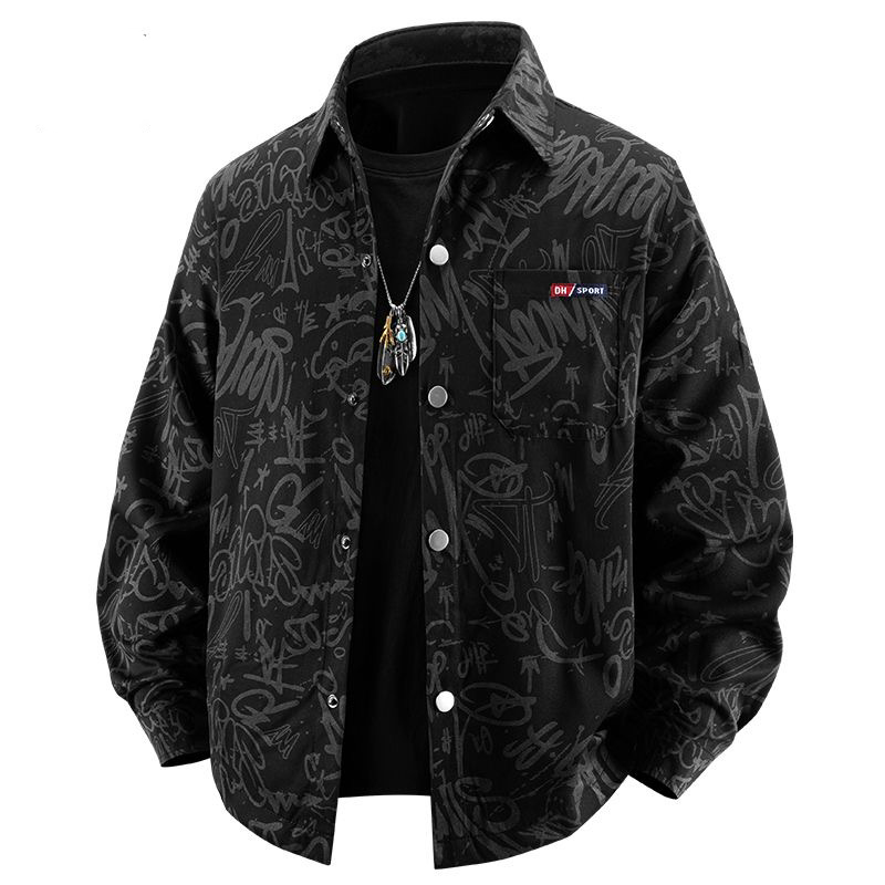 春秋季长袖衬衫男士百搭宽松字母满印开衫衬衣潮流痞帅青年男外套